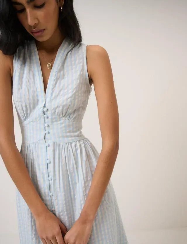 Light Blue Gingham Sleeveless Starlight Midi Dress