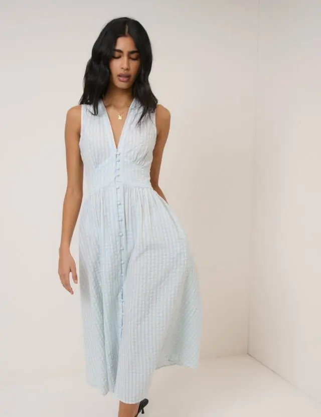 Light Blue Gingham Sleeveless Starlight Midi Dress