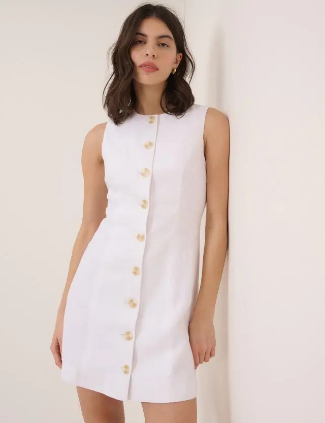 White Linen-Blend Button Front Mini Dress