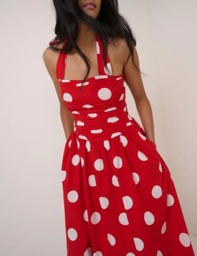 Red Polka Dot Halterneck Lilah Midi Dress