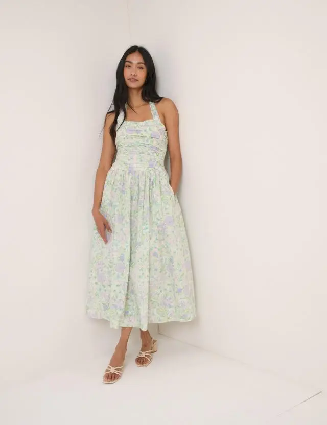 White Floral Halterneck Lilah Midi Dress