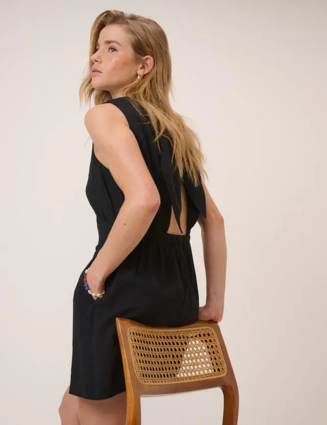 Black Linen-Blend Playsuit