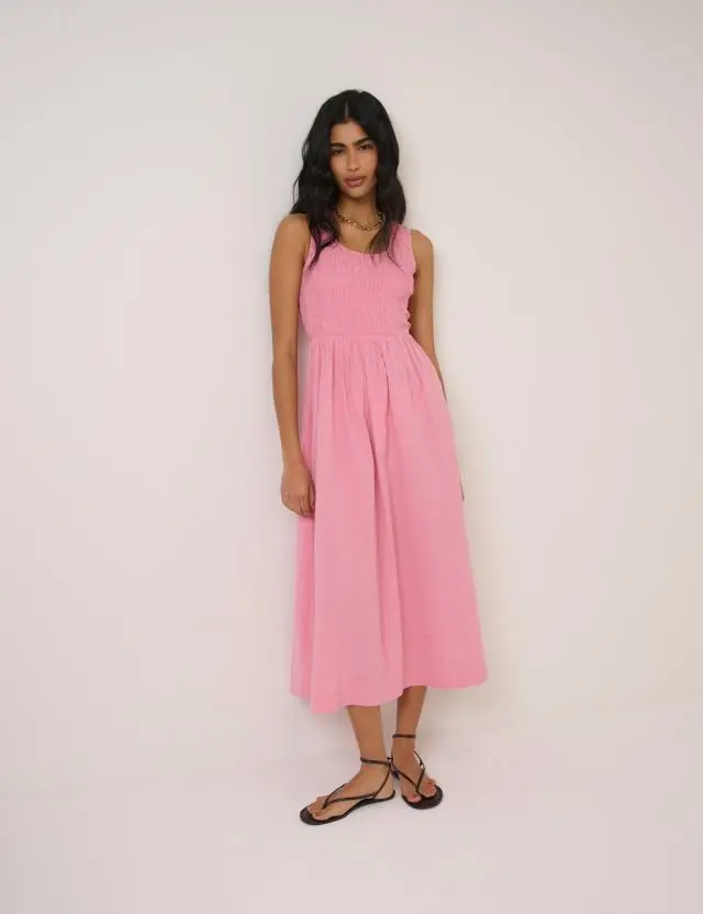 Pink Ruched Sleeveless Kinsley Midi Dress