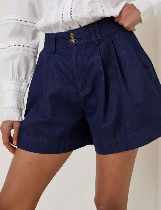 Dark Blue Pleated High Waisted Shorts