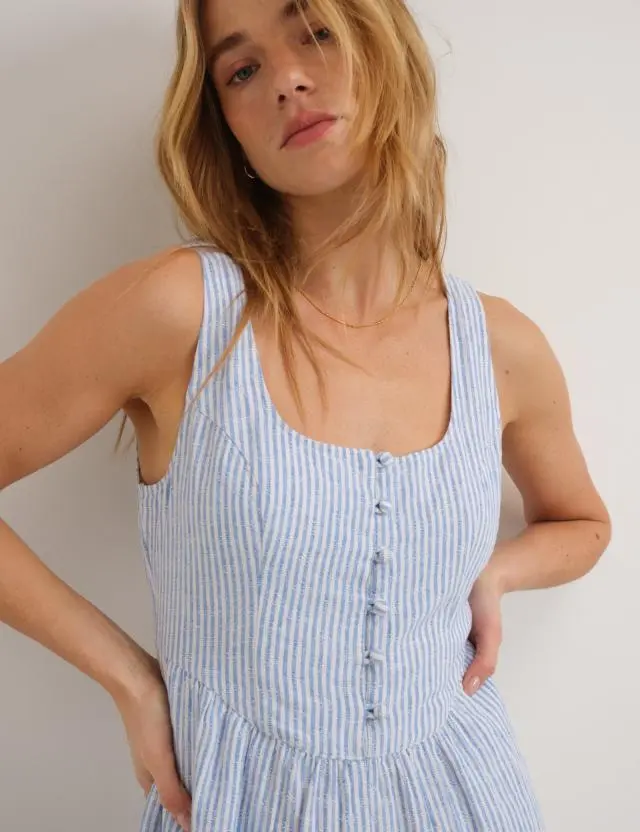 Blue Pinstripe Linen-Blend Cora Jumpsuit