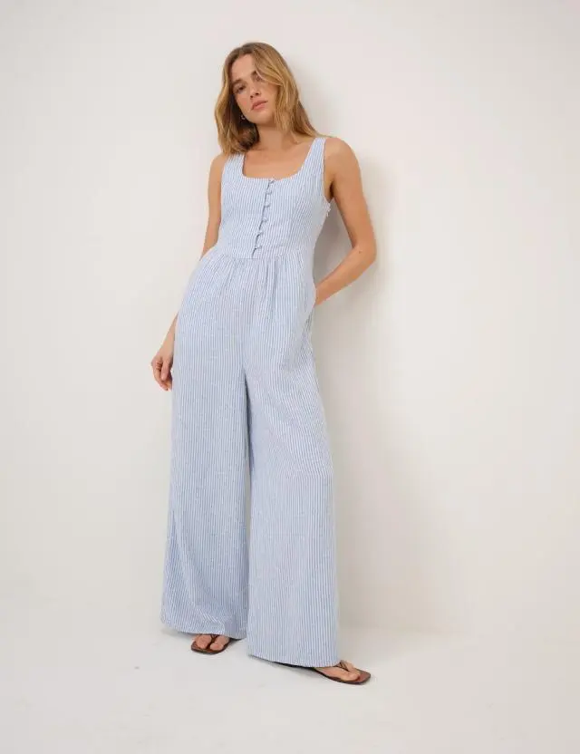 Blue Pinstripe Linen-Blend Cora Jumpsuit