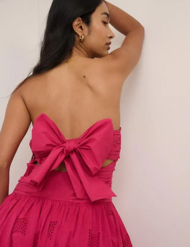 Pink Bandeau Broderie Anglaise Ariella Midi Dress