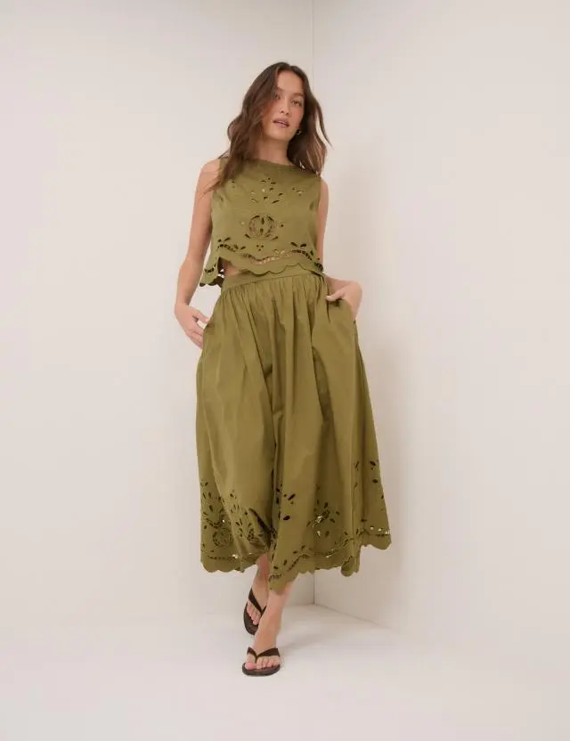Green Broderie Anglaise Midi Skirt