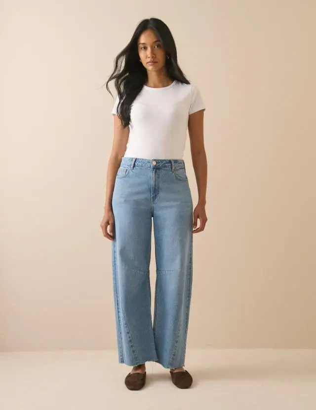 Blue Mid Rise Subtle Barrel Jeans