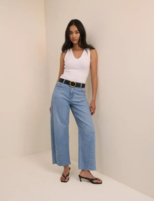 Blue Mid Rise Subtle Barrel Jeans