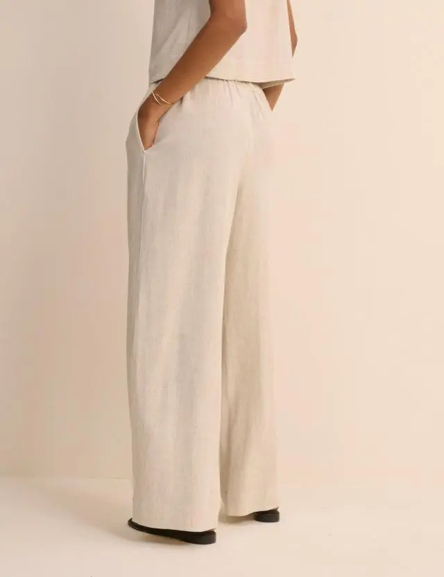 Cream Linen-Blend Low Waisted Straight Leg Trousers