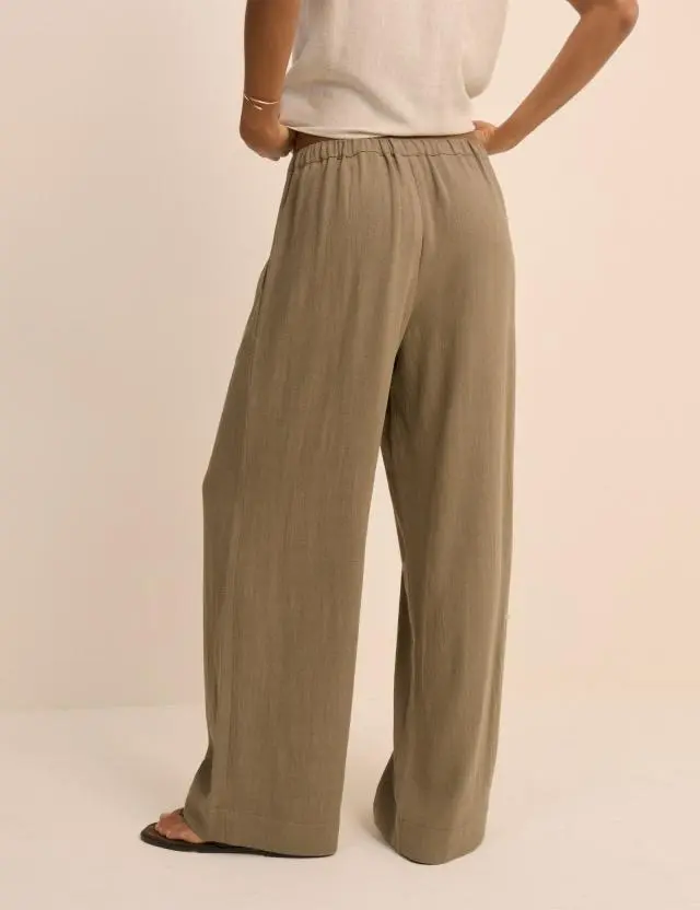 Khaki Linen-Blend Low Waisted Straight Leg Trousers