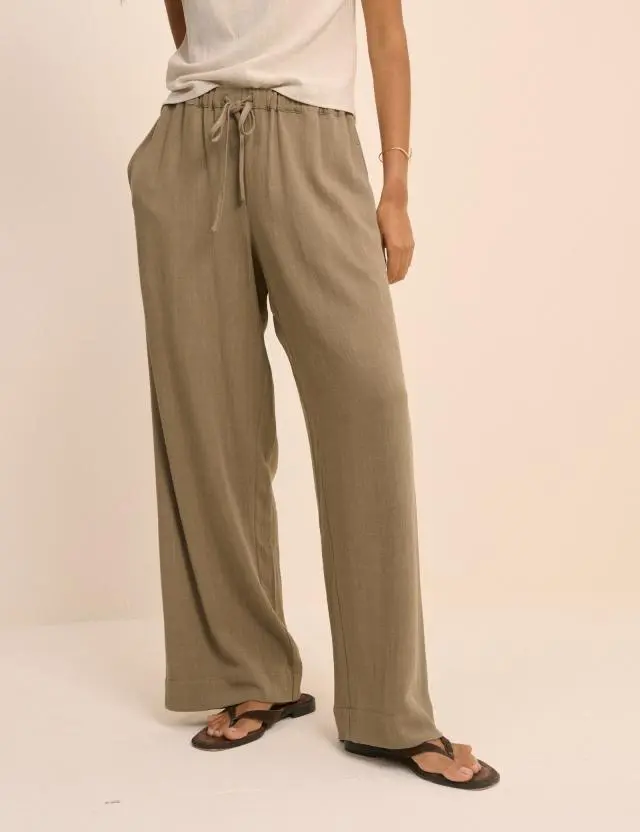 Khaki Linen-Blend Low Waisted Straight Leg Trousers