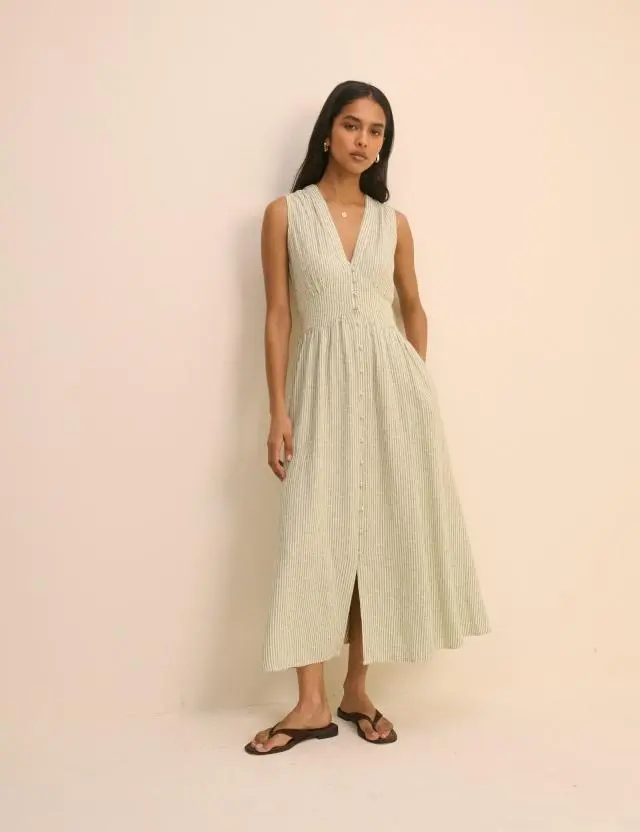 Green Pinstripe Sleeveless Starlight Midi Dress