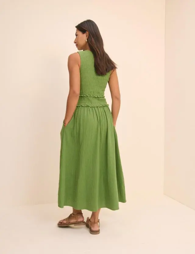 Green Shirred Bodice Ingrid Midi Dress