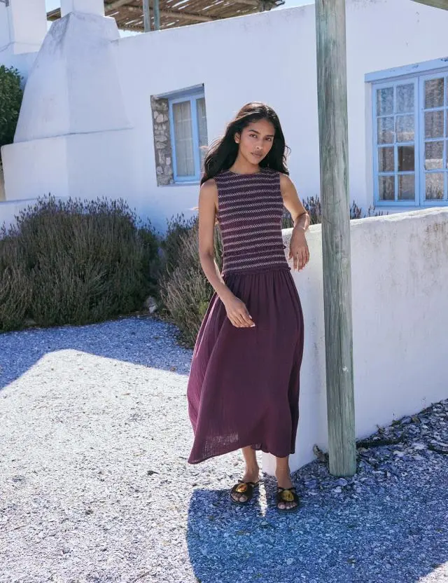 Purple Shirred Bodice Ingrid Midi Dress