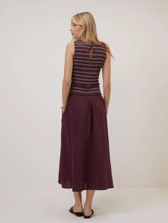 Purple Shirred Bodice Ingrid Midi Dress