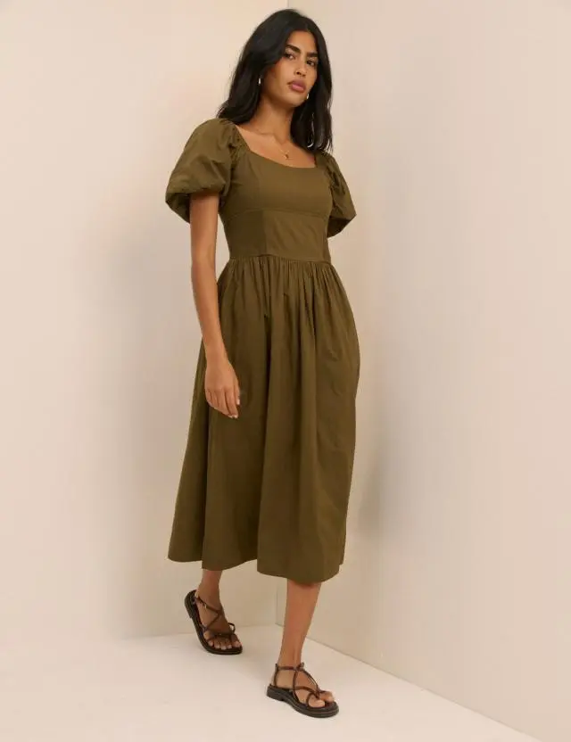 Khaki Puff Sleeve Mara Midi Dress