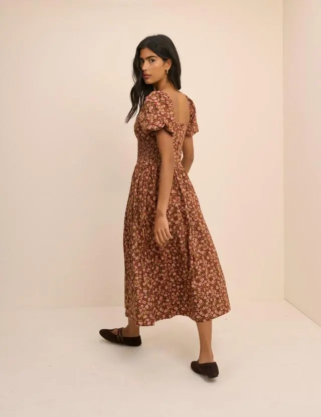 Brown Ditsy Floral Puff Sleeve Mara Midi Dress