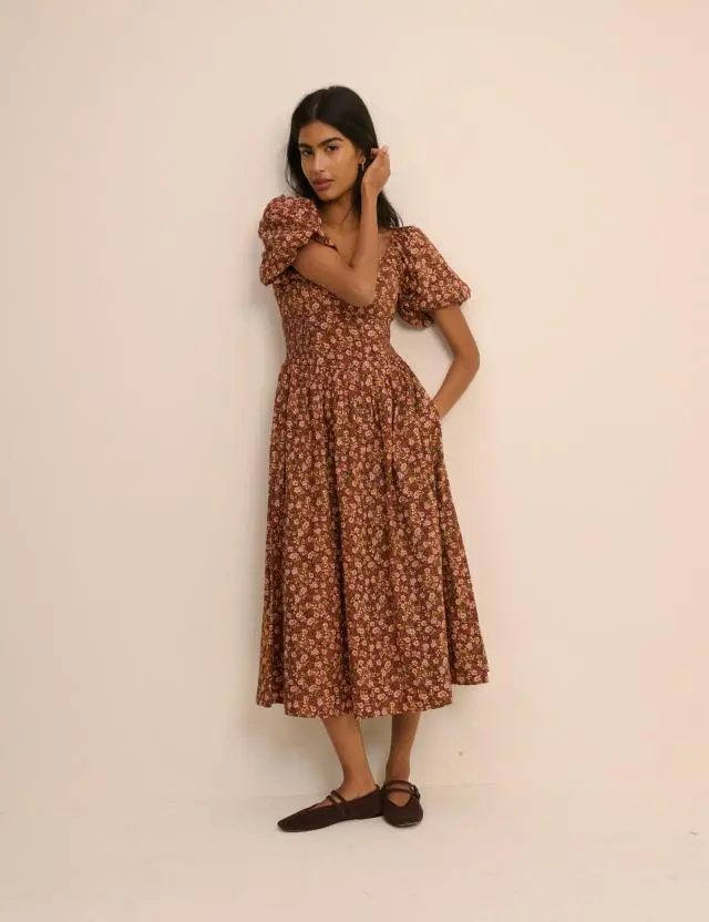Brown Ditsy Floral Puff Sleeve Mara Midi Dress