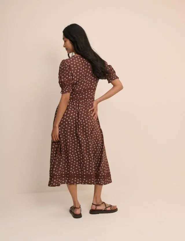 Brown Ditsy Floral Button Front Frances Midi Dress