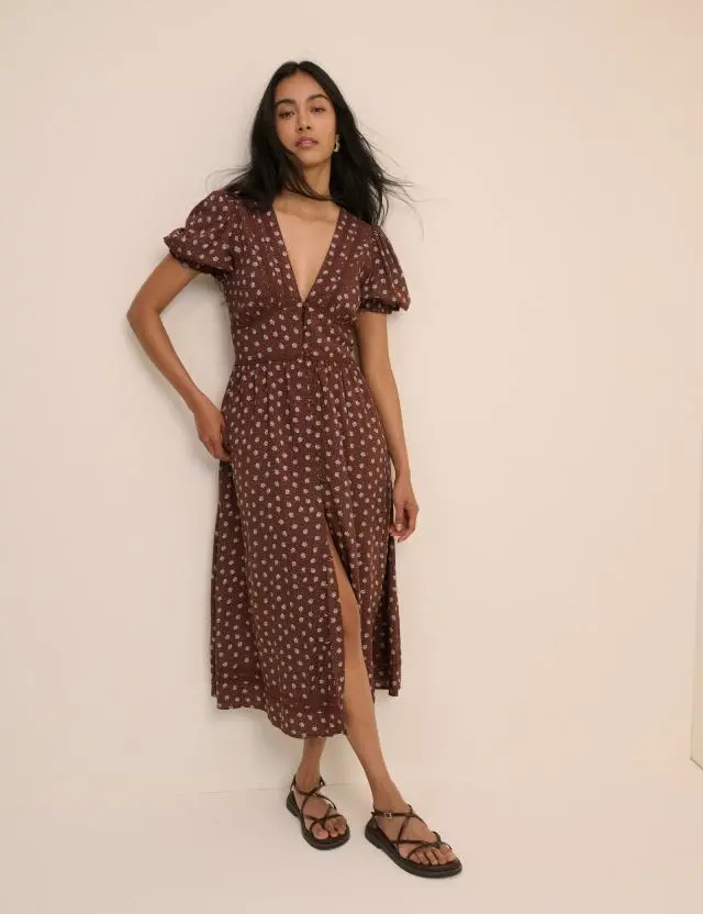 Brown Ditsy Floral Button Front Frances Midi Dress