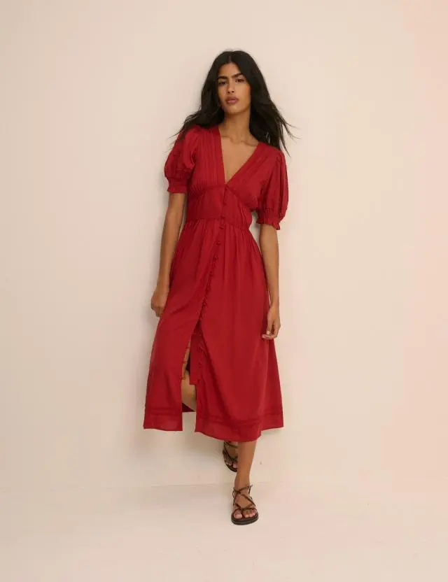 Red Button Front Frances Midi Dress