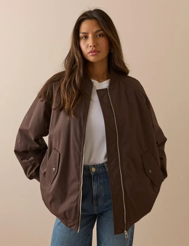 Chocolate Brown Longline Oversized Bomber Jacket