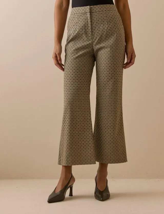 Beige Houndstooth Polka Dot Cropped Flare Trousers