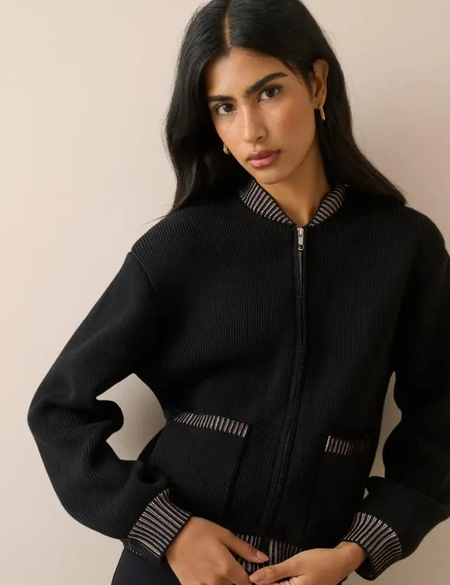 Black Knitted Bomber Jacket