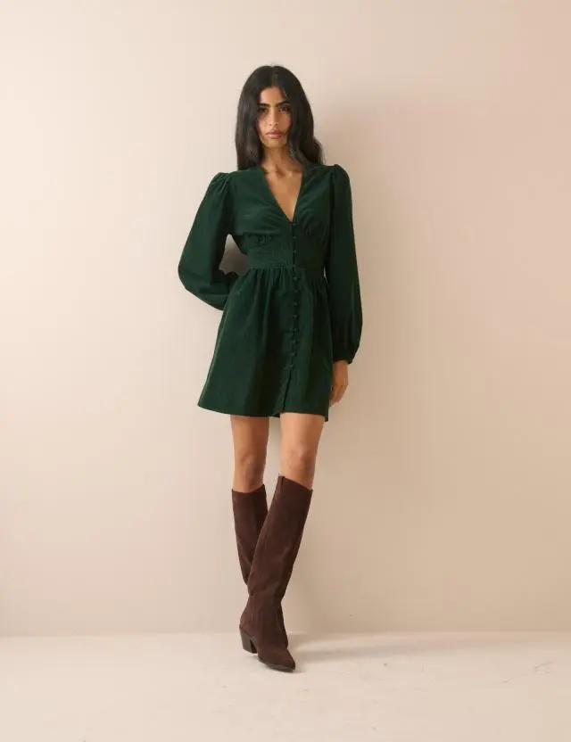 Emerald Green Balloon Sleeve Riley Cord Mini Dress