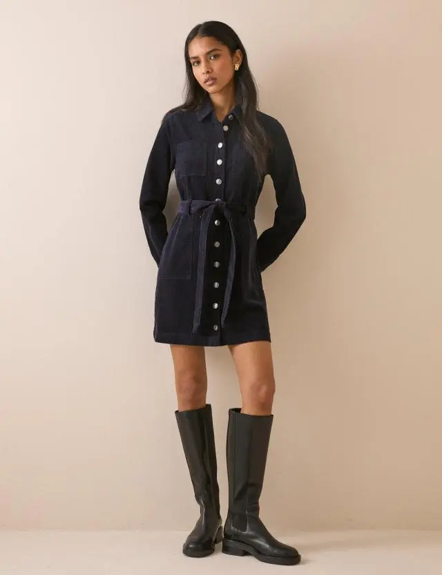Navy Cord Finchley Mini Shirt Dress