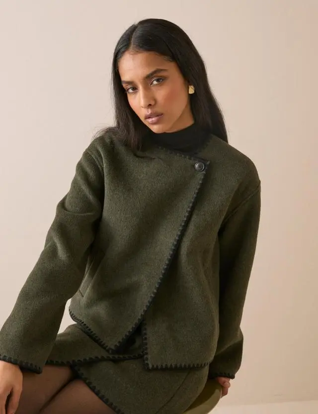 Khaki Whipstitch Asymmetric Wool-Blend Jacket