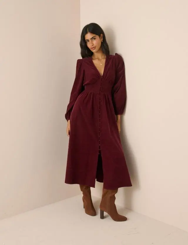 Burgundy Cord Shirred Waist Riley Midi Dress