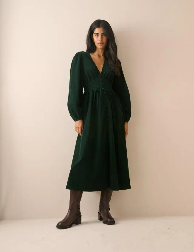 Green Cord Shirred Riley Midi Dress