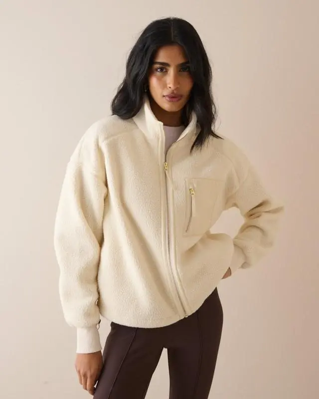 Cream Borg Funnel Neck Jacket