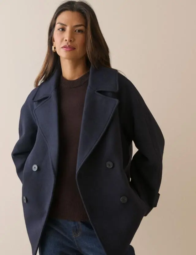 Navy Oversized Collar Wool-Blend Pea Coat