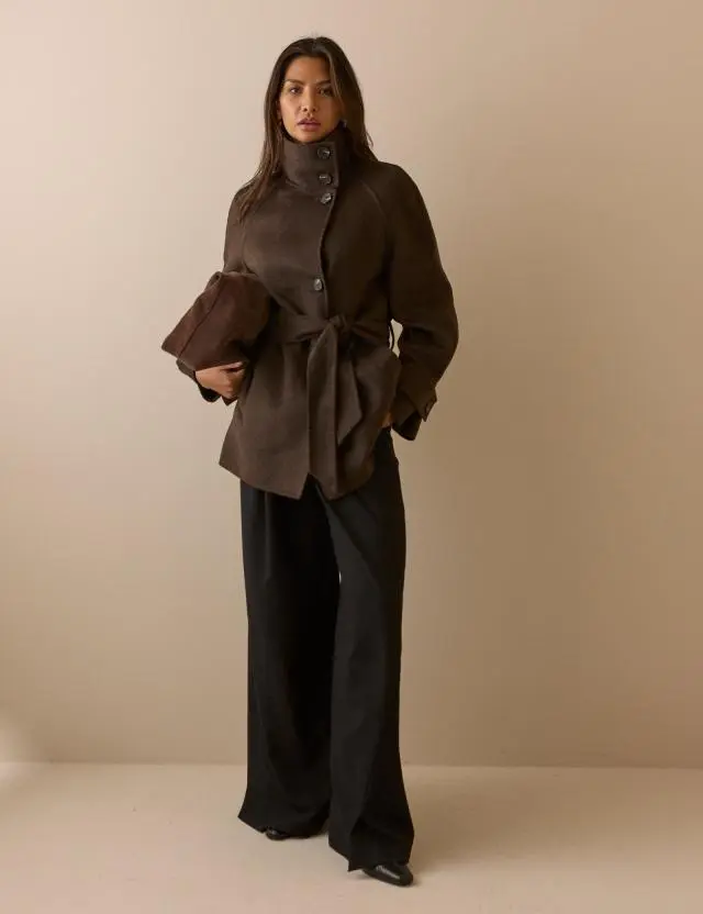 Brown Funnel Neck Wool Jacket