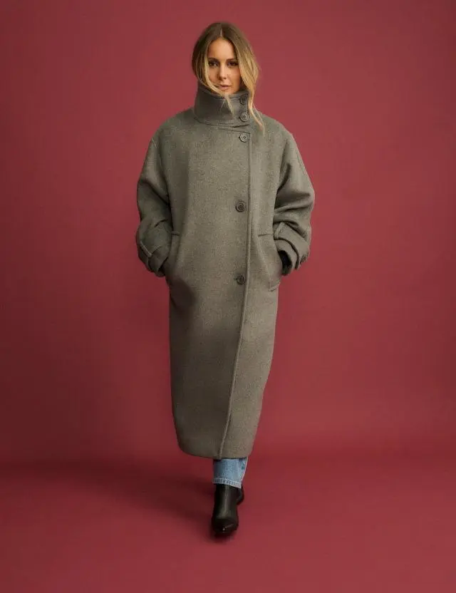 Grey Funnel Neck Wool-Blend Coat