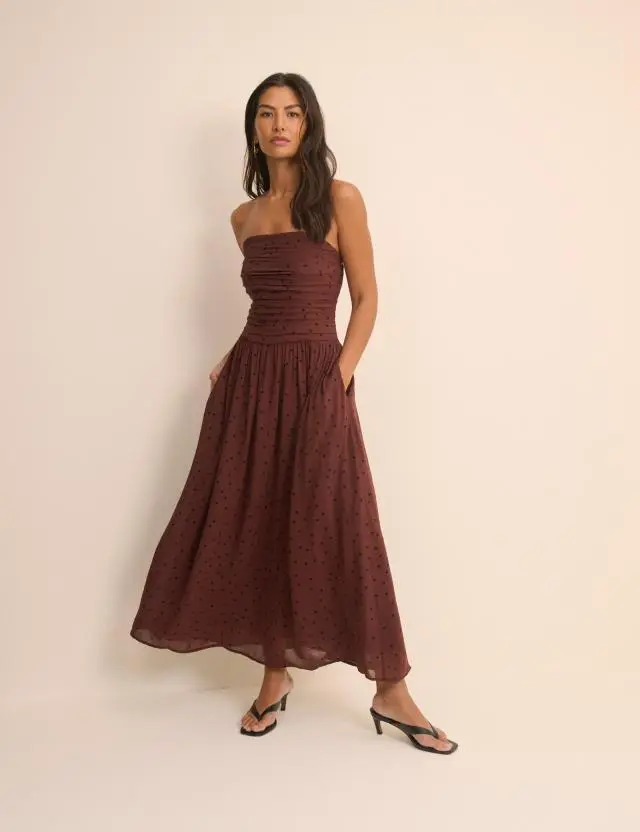 Brown and Black Polka Dot Bandeau Alice Midi Dress