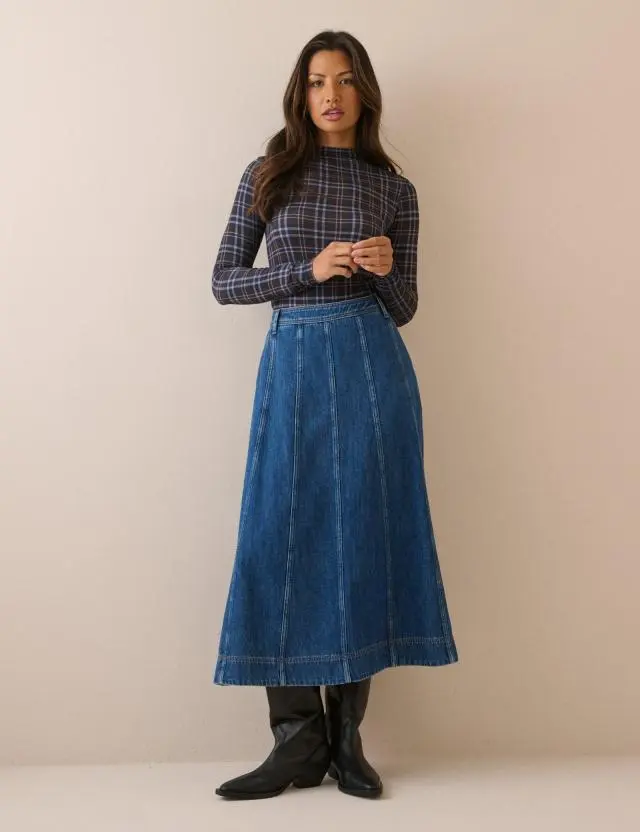 Mid Wash Panelled Denim Midi Skirt
