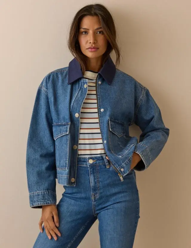 Mid Blue Contrast Collar Denim Jacket