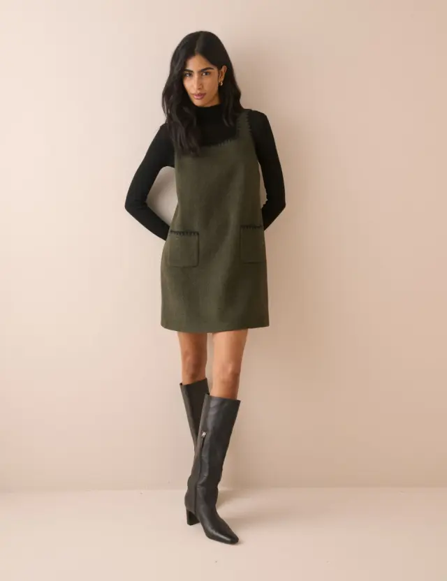 Khaki Whipstitch Trim Wool-Blend Shift Dress