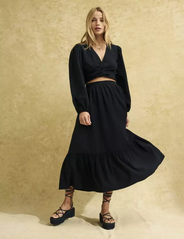 Black Linen-blend Bianca Midi Skirt