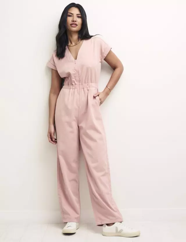 Pink V-Neck Zip Front Cosmos Jumpsuit