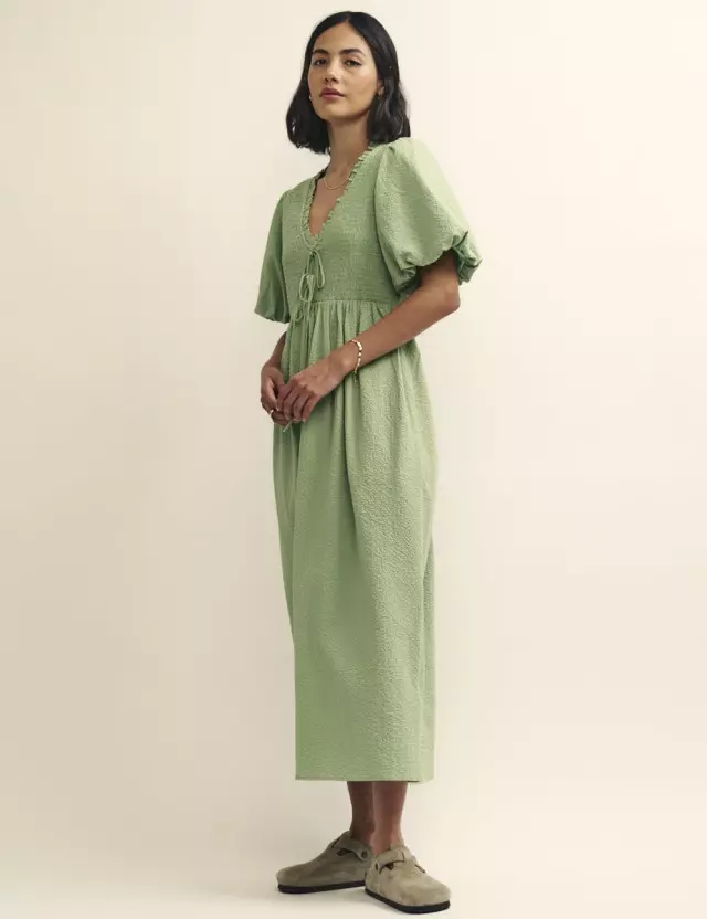 Sage Green Shirred Bodice Leiza Midi Dress