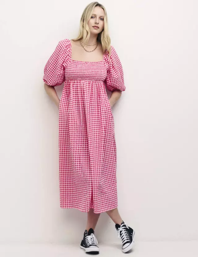 Pink gingham midi sales dress