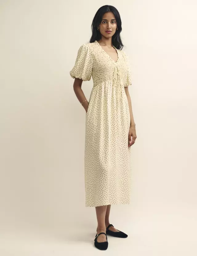 Cream Spot Shirred Bodice Leiza Midi Dress