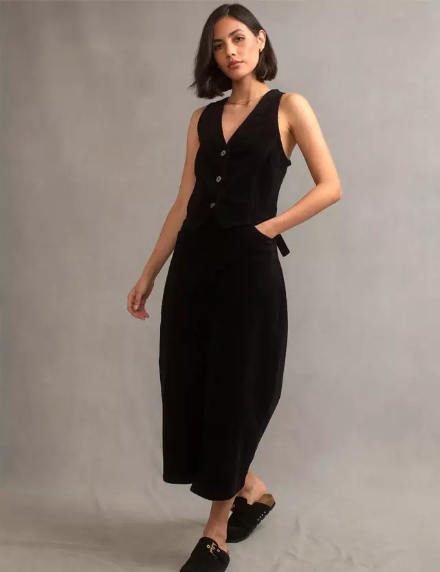 Black Cord Front Slit Midi Skirt