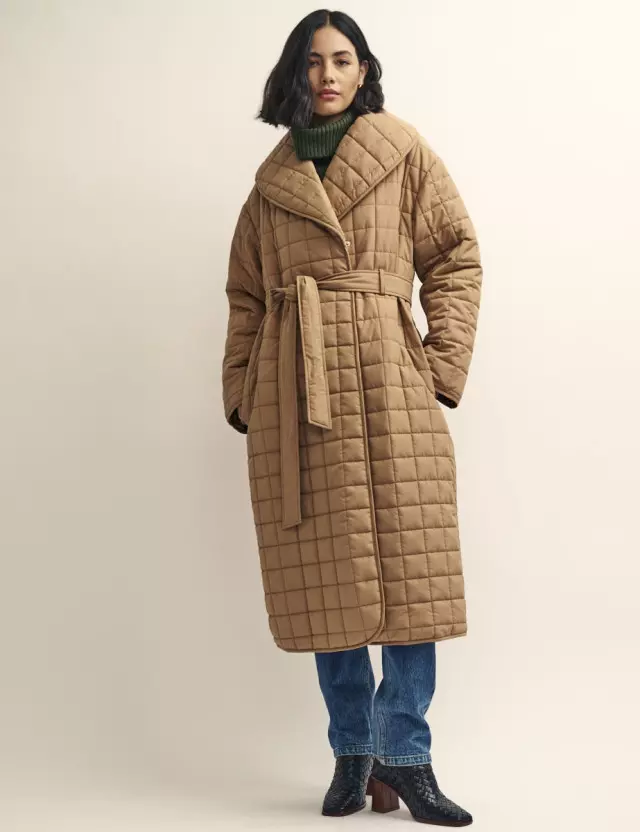 Camel Quilted Wrap Coat